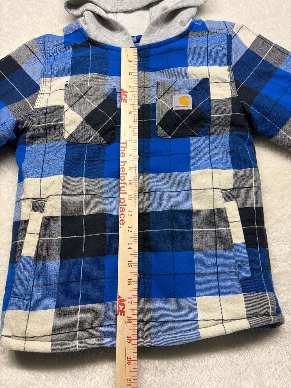 Carhartt Kids Flannel Snap-Front Hooded Shirt Jacket Azure Blue Plaid SMALL 7-8 - Picture 3 of 15